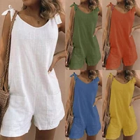 women cotton hemp rompers summer fashion solid sleeveless jumpsuit pockets loose dungarees short pant adjustable straps playsuit