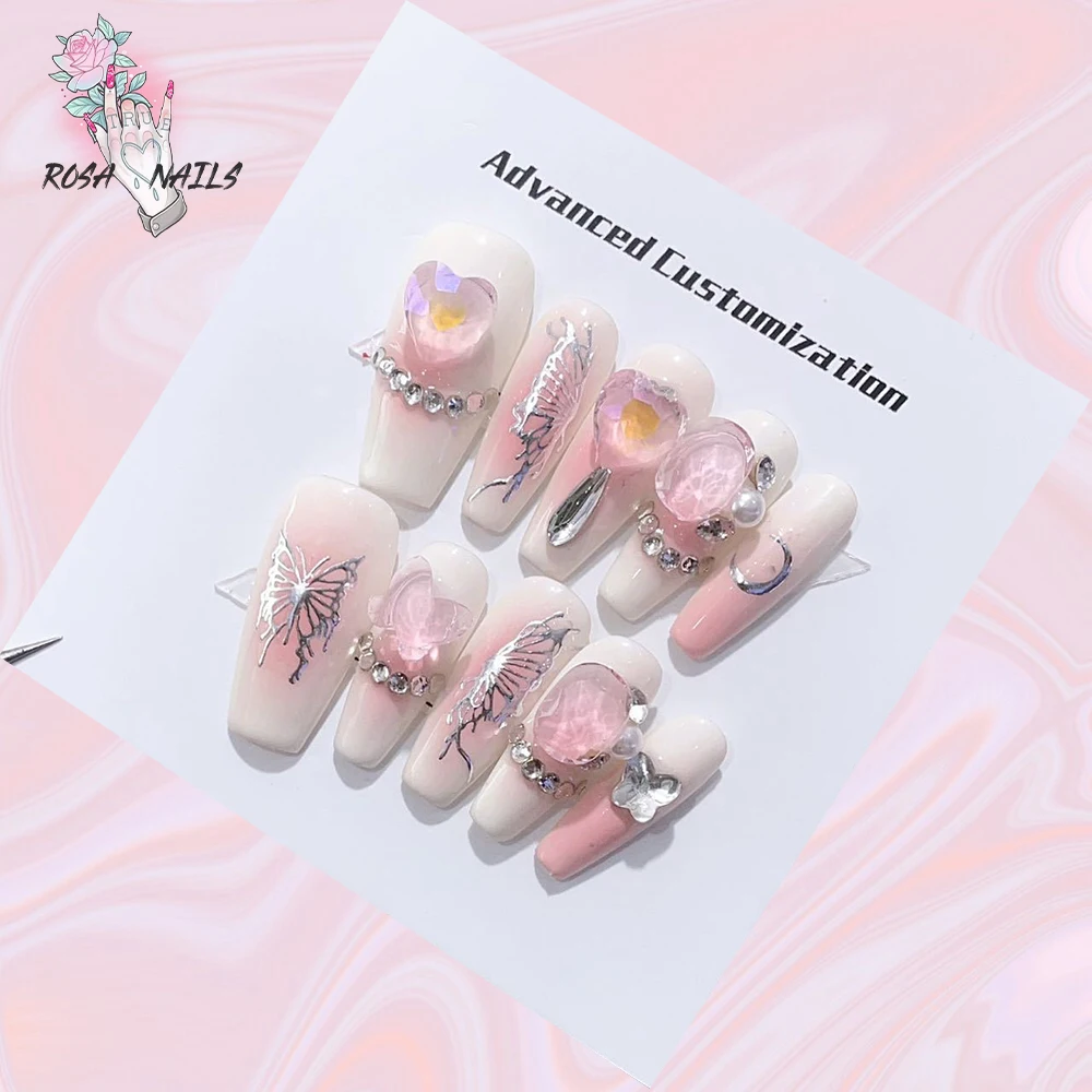 

Pink False Nails with Butterfly Glitter Design Heart Charms Handmade Tips Metallic Silver Butterflies Moon Medium Press on Nails