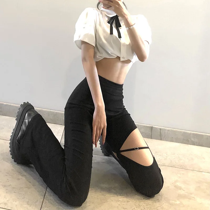 

Summer Street Style Small High-Waisted Pack Hips Flared Trousers Personality Sexy Hollow Show Legs Long Pants