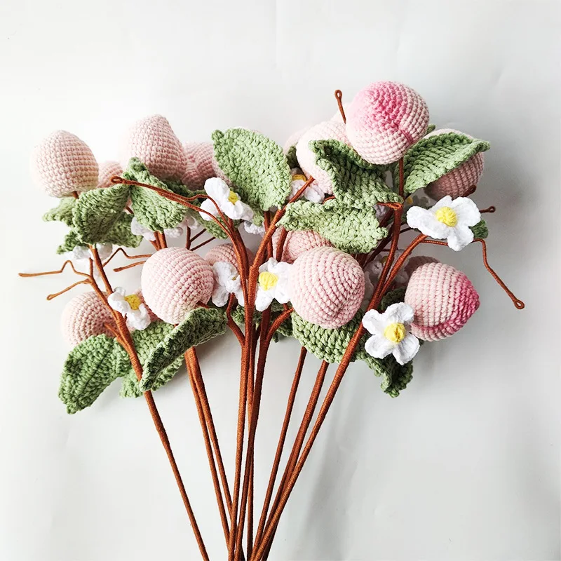 

Handmade Wool Knitting Flowers for Living Room Table Decorations Crochet Fruit Peach Bouquet Finished Products Eternal flowers