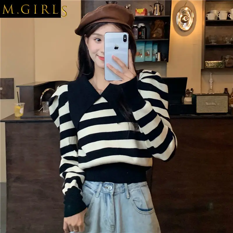 

Pullovers Women Striped Vintage Puff Sleeve Cropped Spring Cozy Sweaters Femme Leisure Korean Style Popular Chic Clothing New