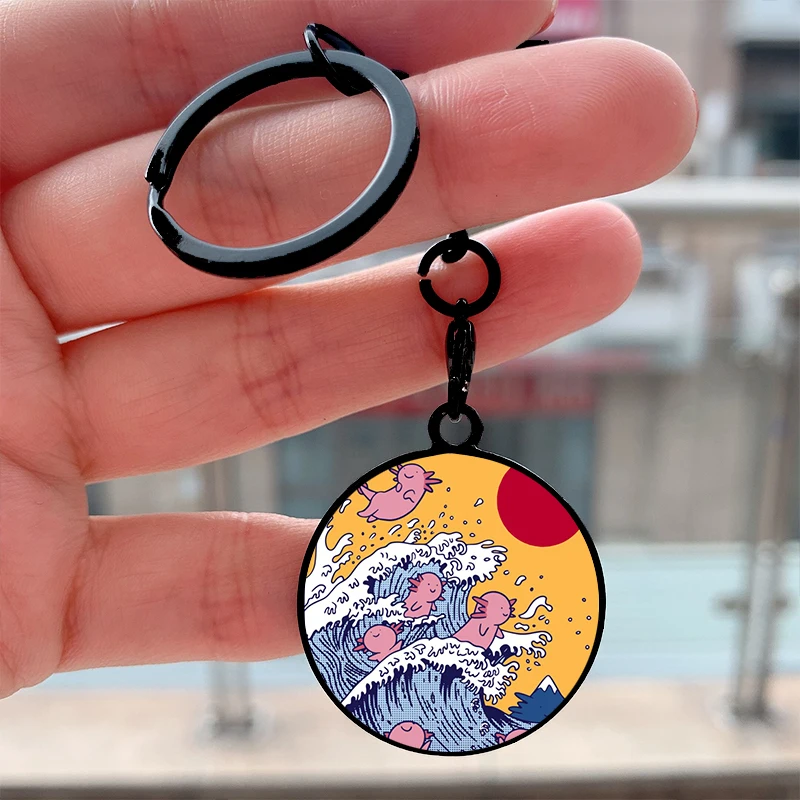 

Fashion The great wave of Axolotls Cool Key Tag Motorcycles Cars Backpack Chaveiro Keychain For Friends Key Ring Gifts