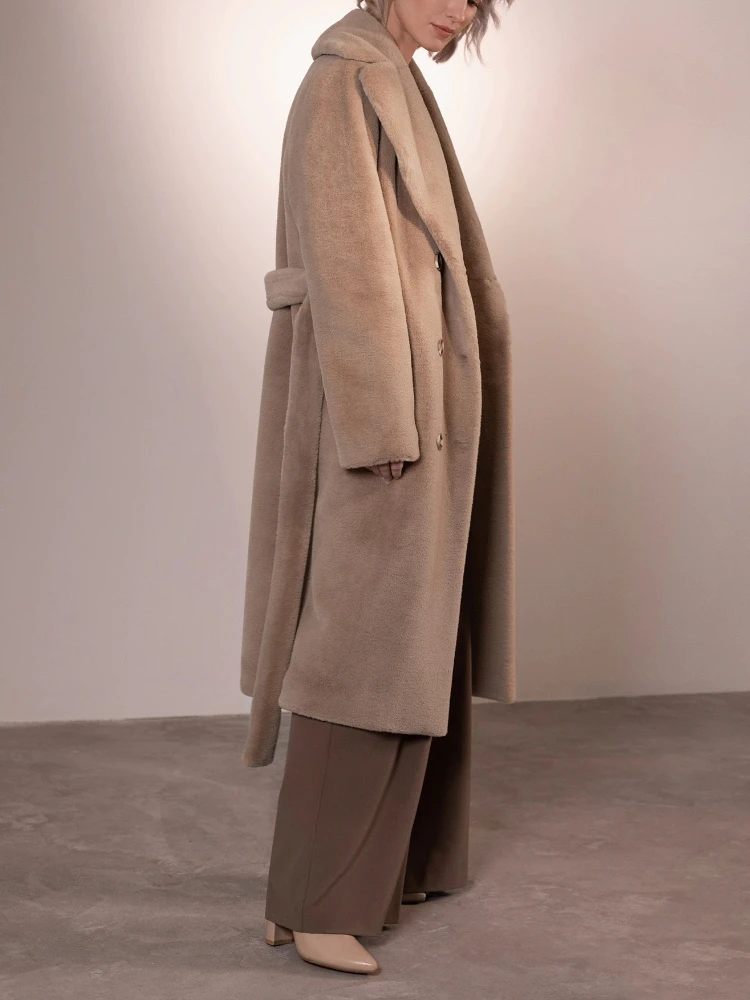 Elegant Single Breasted Luxury Faux Fur Coats with Belt 2022 Women's Autumn Winter Fashion Turn-down Collar Fluffy Long Outwear