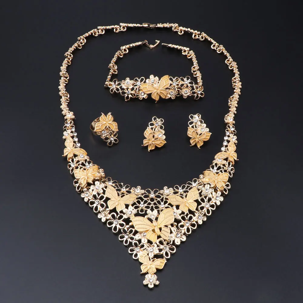 

Модное женское ожерелье из Дубая золотого цвета с бабочками и цветами, браслет, серьги, кольцо, романтические ювелирные изделия для свадебн...