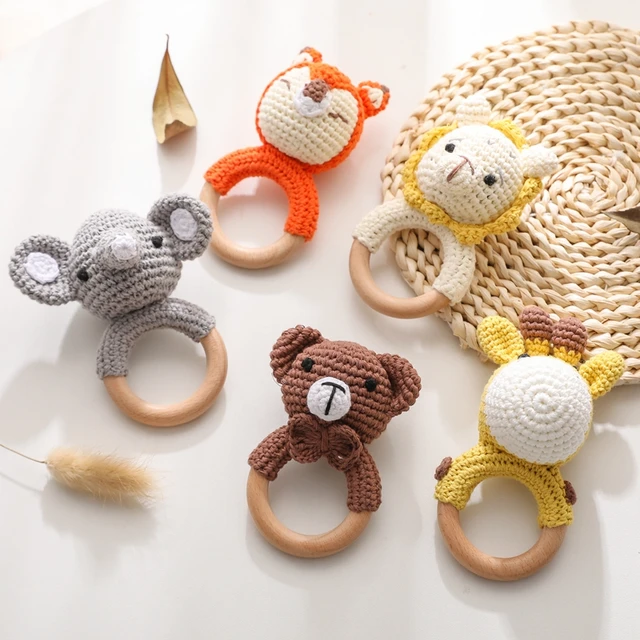1pc Baby Teether Music Rattles for Kids Animal Crochet Rattle Elephant Giraffe Ring Wooden Babies Gym Montessori Children's Toys 6