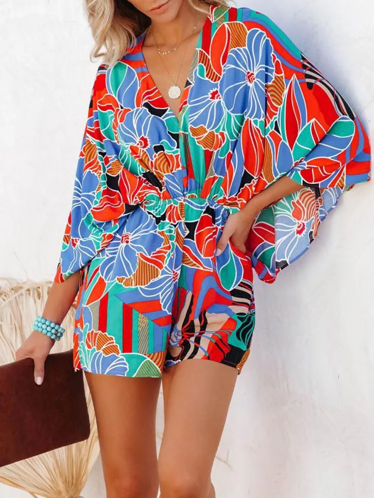 

Women Casual Loose Boho Beach Romper Summer V Neck Waist Playsuit Overalls Fashion NewBig Batwing Sleeve Print Shorts Jumpsuit