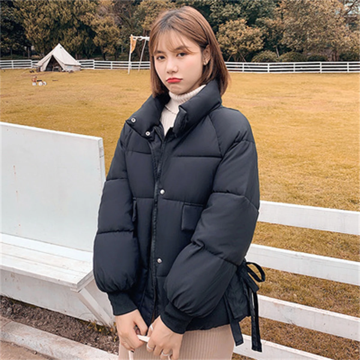 2022 Winter New Korean Women's Long Sleeve Solid Color Bread Jacket Cotton Pdded Jacket Loose Stand Collar Ribbon Down Jacket