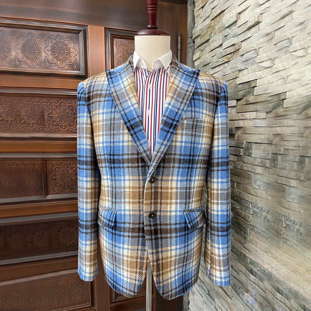 

Customized Men's Suit Blue Plaid Woolen Coat Wedding Party New Clothes