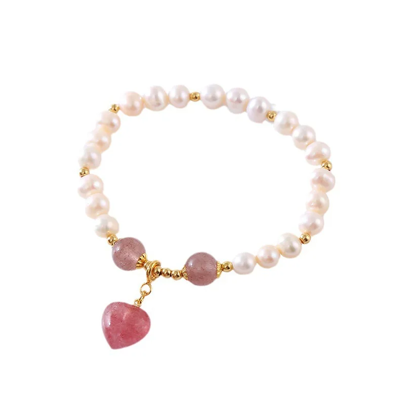 Женский браслет с клубничным кварцем и натуральным пресноводным жемчугом