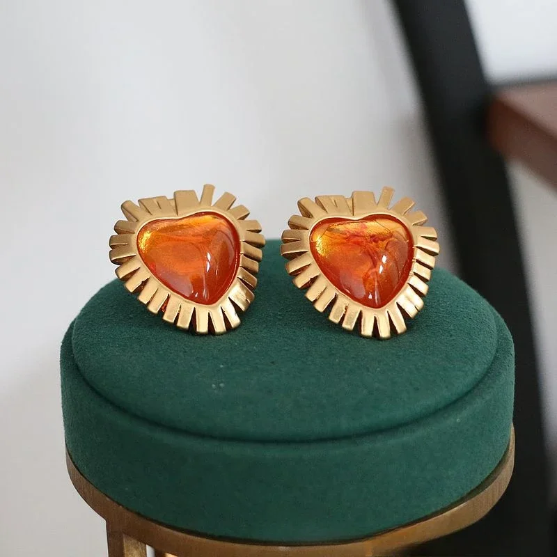 Классический ретро оранжевый драгоценный камень сердце ожерелье серьги
