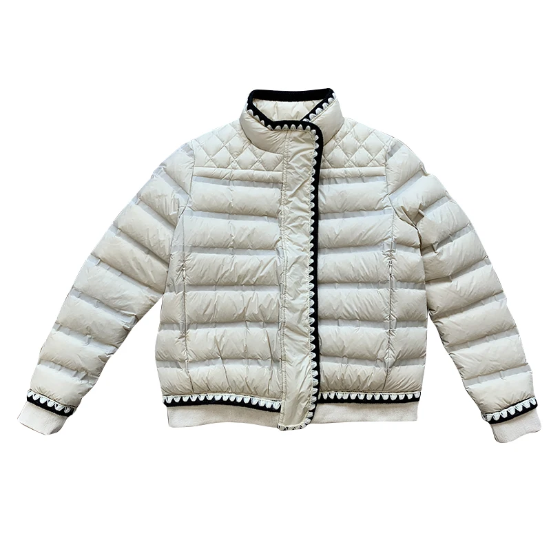 Thick Warm Snow Parkas Winter Female White Duck Down Coats Women Stand Collar Zipper Lace Solid Color Jackets Short Outerwear