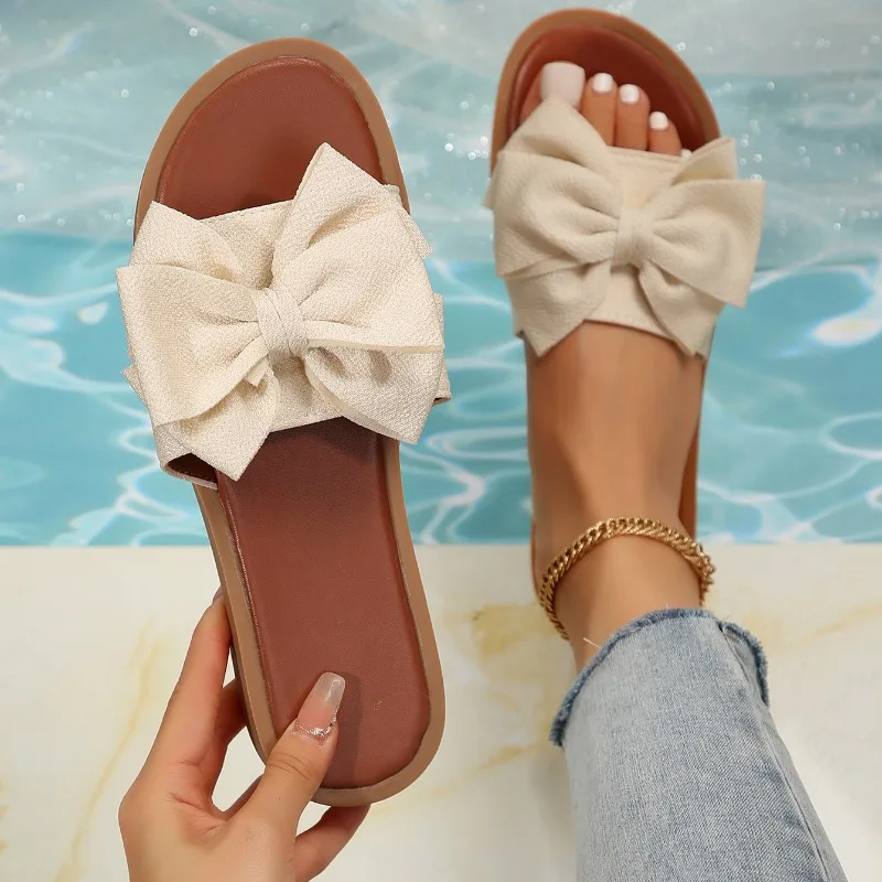 Шлепанцы женские с бантом повседневные сандалии на плоской подошве пляжная