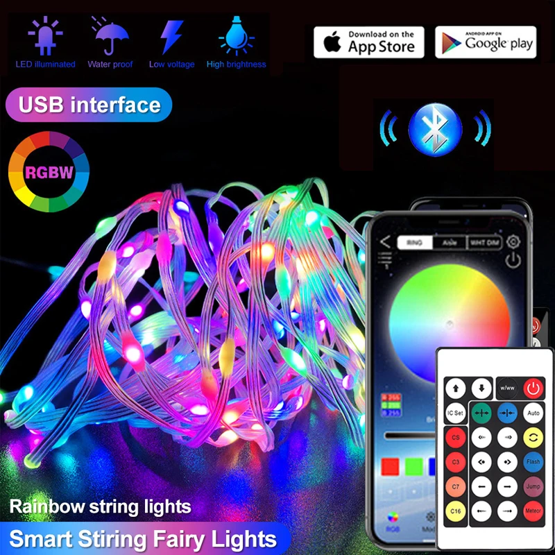 Smart Bluetooth USB Garland Lighting Strings RGBW Remote  Lamp Outdoor Indoor Room Party Christmas Decor LED Fairy String Light