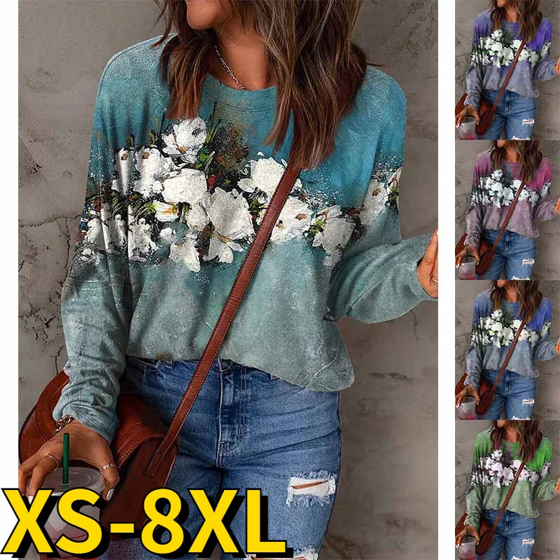 2022 Winter Round Neck T-shirt Women's Fashion Casual Pullover Flower Printing Tops Autumn Loose Long Sleeve Loose Tee Shirt