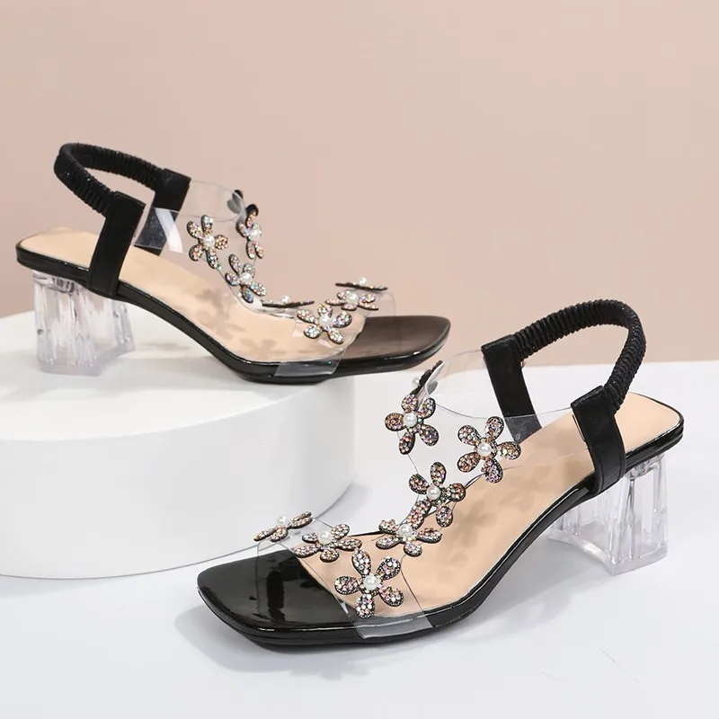 Women Sandals Summer  Pvc Crystal Flower Decoration Chunky Heel Peep Toe Back Strap Elastic Band Elegant Fashion Shoes Ladies