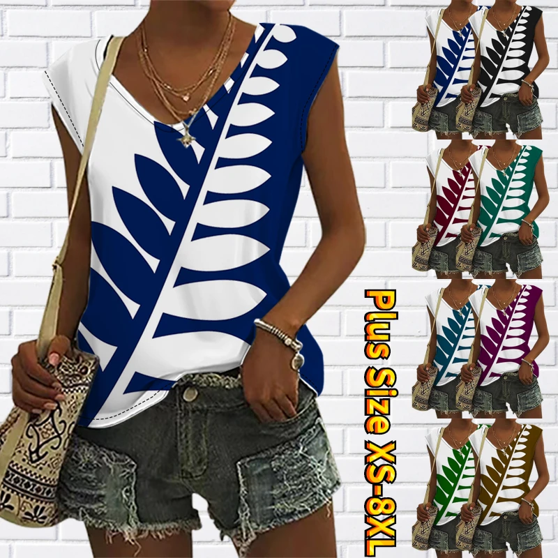 

Elegant Pullover V-neck Sleeveless Vest Women's Fashion Top New Design Printed Clothes Sexy Tee Shirt Summer Vintage T-shirt