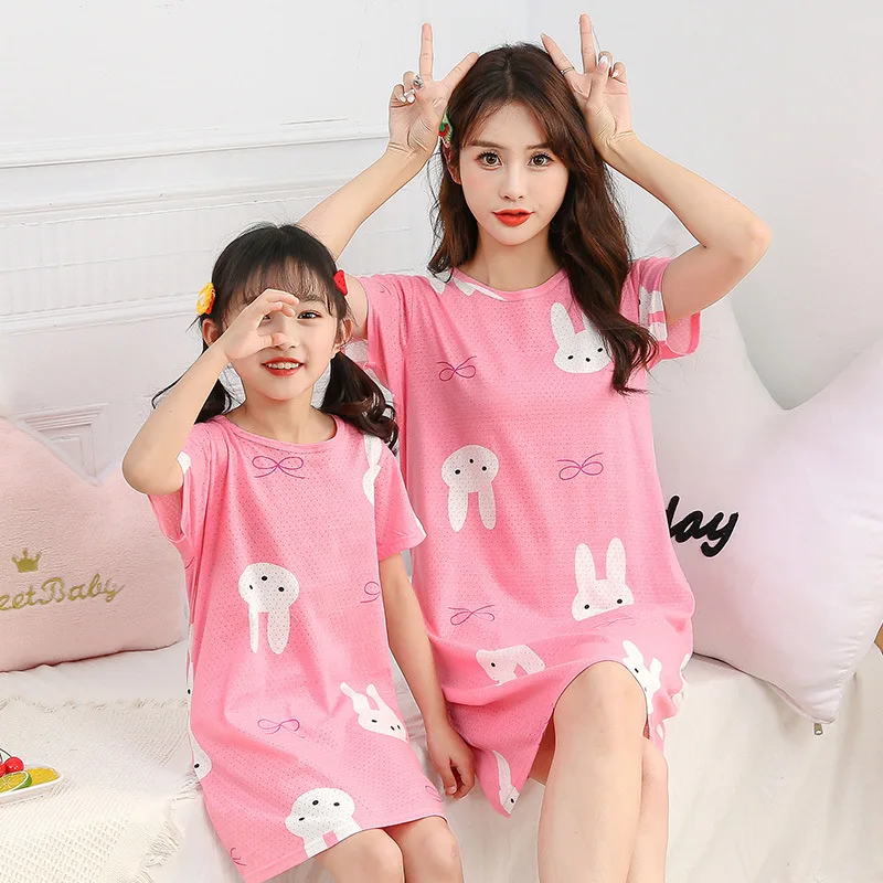 

Cartoon Rabbit Girls Nightgown Suit Children's Summer Nightdress Baby Girls Home Clothes Mother Kids Night dress Girl Sleepwear