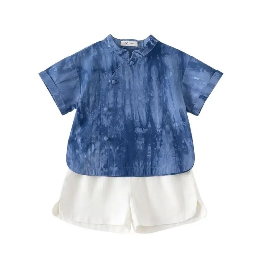 Хлопковый синий костюм Тан в китайском стиле топ с коротким рукавом и шорты