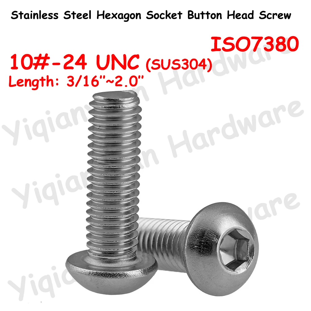 

Yiqianyuan 10#-24 UNC Thread ISO7380 SUS304 Stainless Steel Hexagon Socket Button Round Head Screws Allen Key Bolt Full Threaded