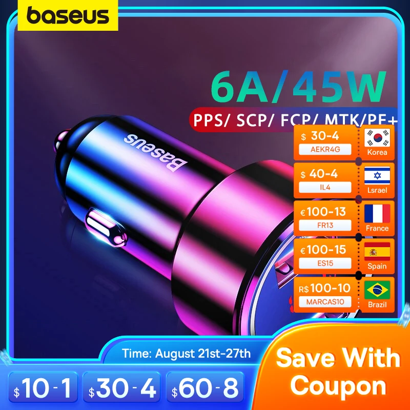 

Baseus Quick Car Charger 6A 45W Dual USB Type C QC4.0 PD3.0 Fast Charger For iPhone13 Pro Xiaomi Samsung Phone Car Fast Charging