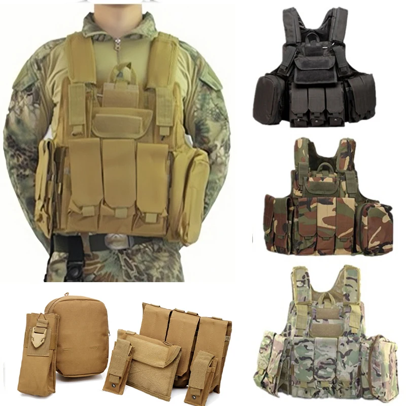 Adjustable Tactical Airsoft Military Vest 8Pcs Set Molle Chest Rig Outdoor Combat Training Body Armor Plate Carrier Hunting Gear