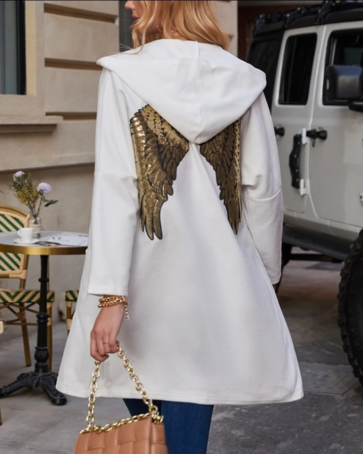 

Trench Coat for Women 2022 Autumn Fashion Wing Print Casual Long Sleeve Pocket Design Daily Longline Hooded Coat