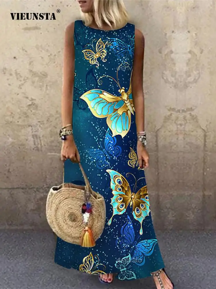 

Женское винтажное пляжное платье на бретелях, повседневное свободное платье макси с О-образным вырезом и абстрактным принтом, лето