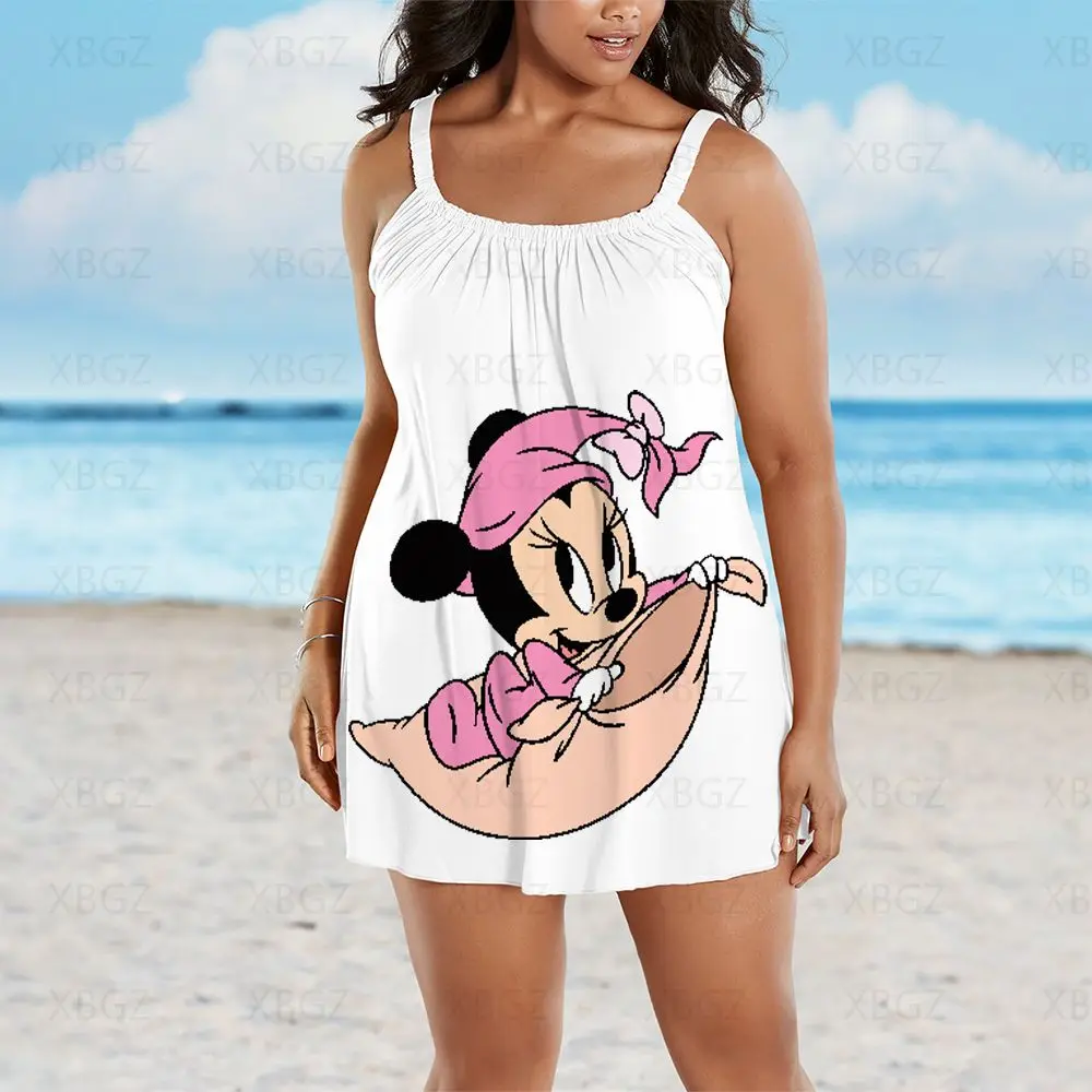 Loose Plus Size Dresses Summer Outfits Beach Dress Woman 2022 Sleeveless Elegant Women Cartoon Chic Minnie Mouse Sexy Disney New