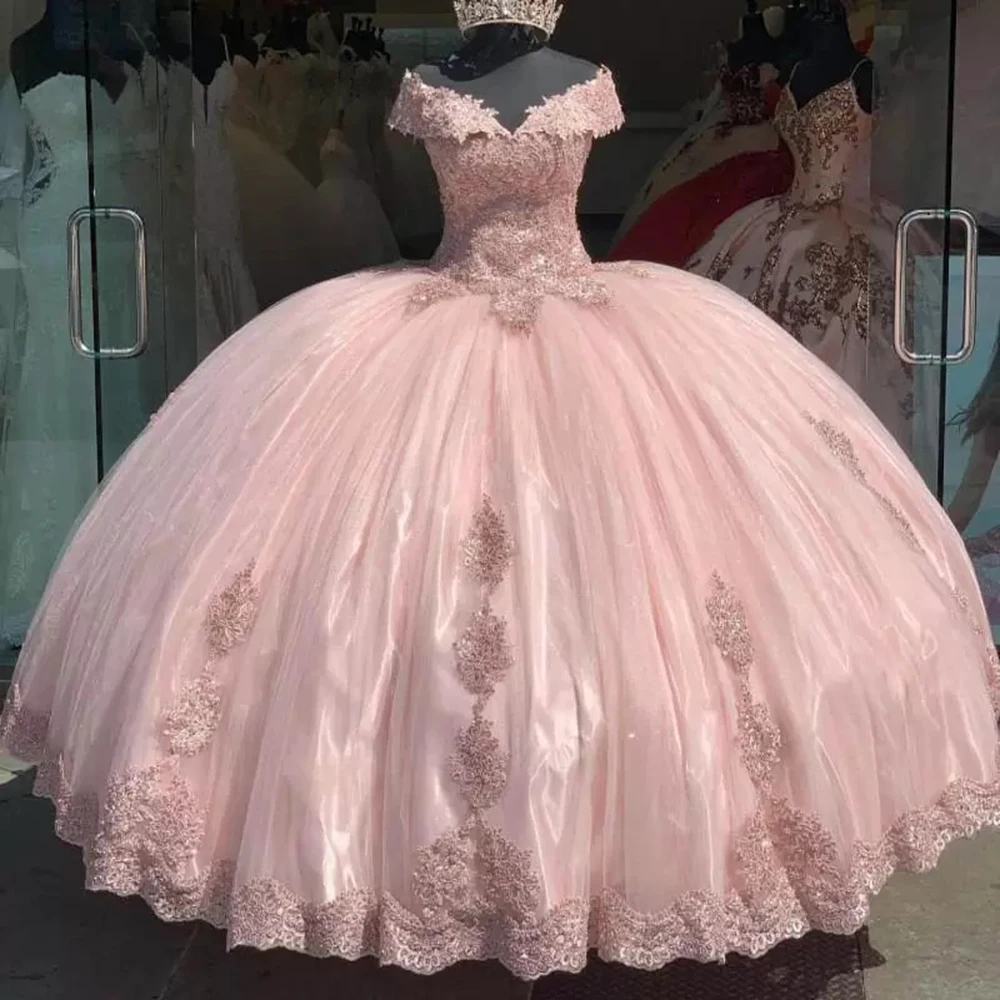 

Hot Pink Quinceanera Dresses Ball Gown Princess Sweet 16 V Neck Appliques Beading Off Shoulder Grils Formal Party Vestidos De 15