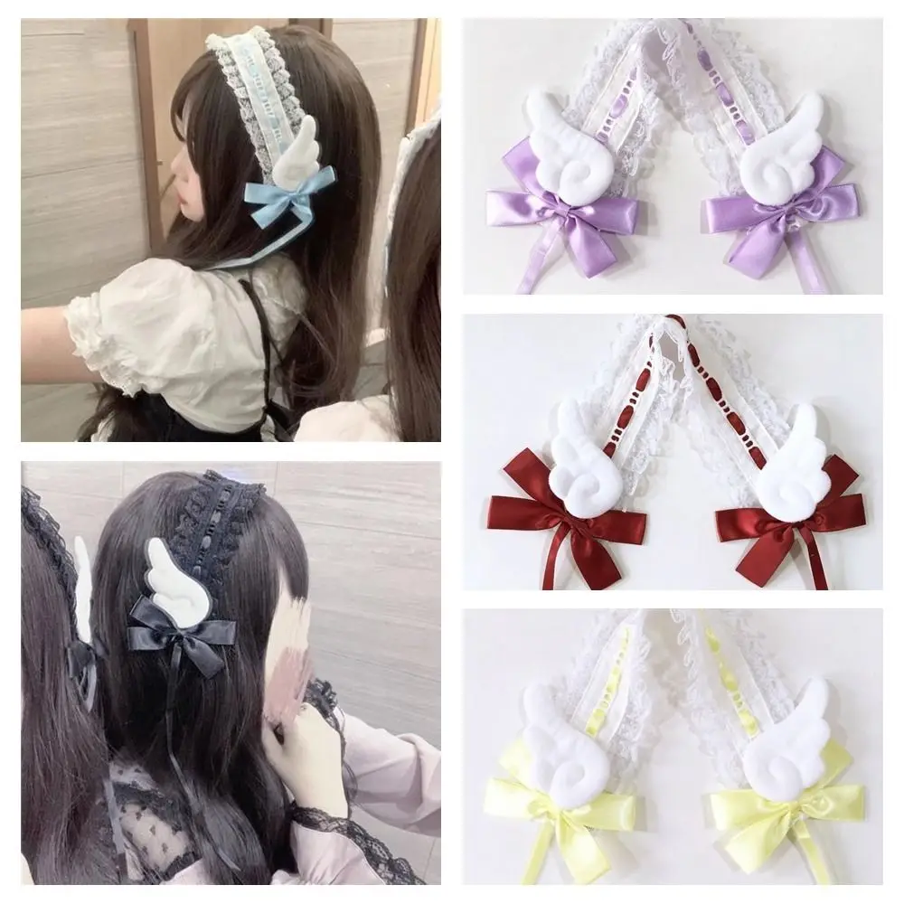 

Готическая заколка для волос с милыми крыльями, повязка на голову в стиле "Лолита", кружевные повязки для волос ручной работы с бантиками, повязки для волос для косплея