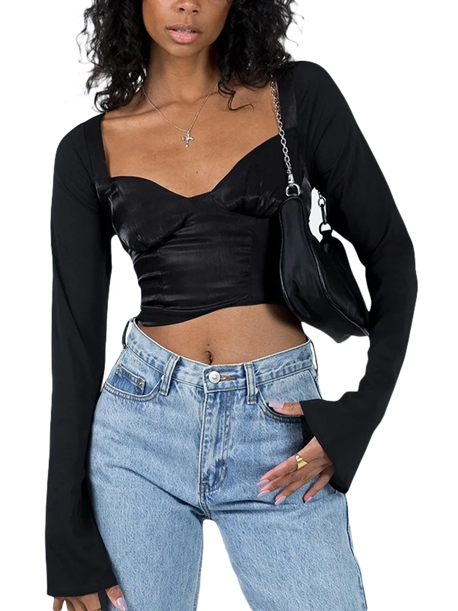 

Women s Casual Lace Patchwork Long Sleeve T-Shirts Vintage Slim Fit Tops for a Fairy Grunge Look