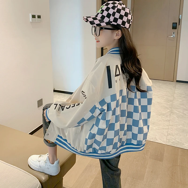 

Children Spring Fall Jackets Girls Windbreaker Coats Letter Harajuku Plaid Baseball Uniform Casual Coat Oversize All-match Tops
