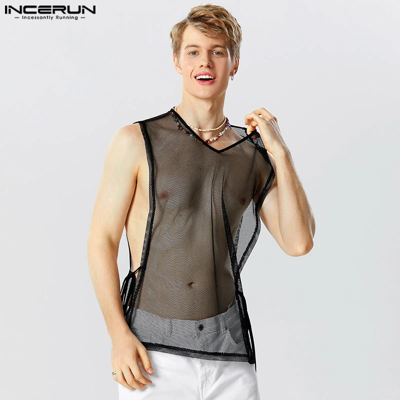 

Party Nightclubs Style Tops INCERUN Men Sexy Fashion V-neck See-through Mesh Vests Leisure Strap Sleeveless Thin Waistcoat S-5XL