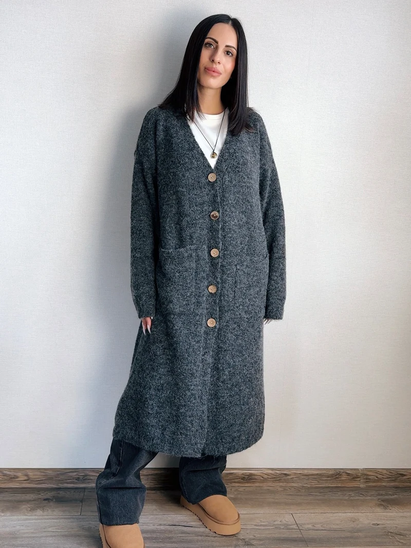 Женский длинный кардиган с V-образным вырезом и длинными рукавами