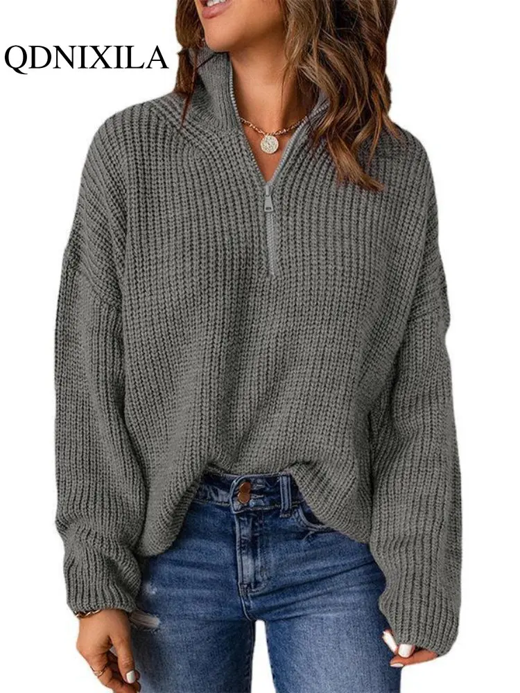 

Female Sweater Semi-open Collar Long-sleeved Autumn Winter New In Solid Color Zippers Loose Casual Pullovers Womens Clothing