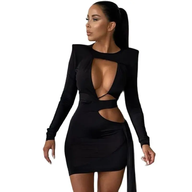 

Black Sexy Hollow Out Bodycon Dresses Women 2022 Autumn Bandage Long Sleeve Elegant Party Evening Wrap Mini Dress Club Outfits