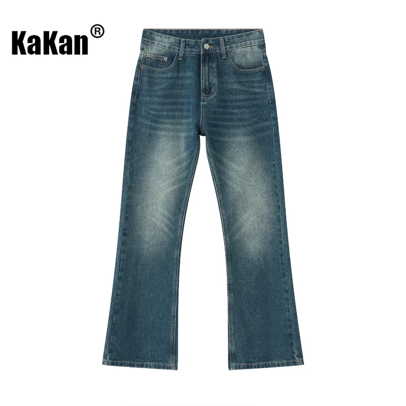 Kakan - Korean Version of New Vintage Loose Fitting Jeans, Distressed Ground White Slightly Flared Straight Length Jeans K50-930