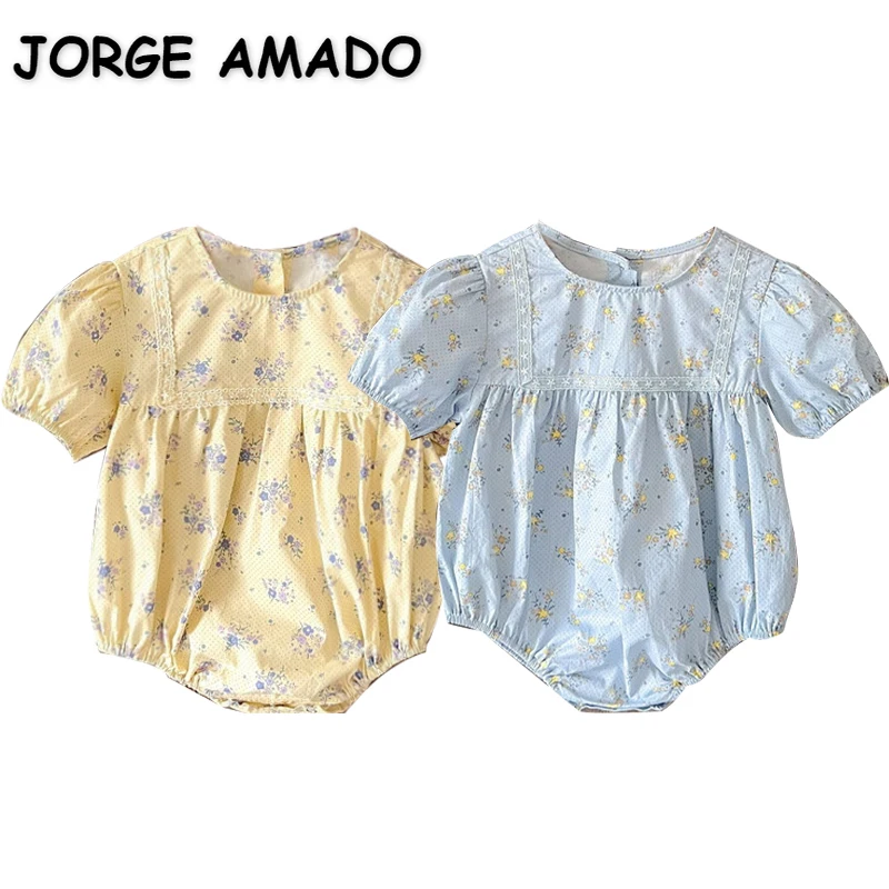 

Корейский стиль, новинка, летняя детская одежда для маленьких девочек, боди с короткими рукавами-фонариками, желтый, синий цветочный комбин...