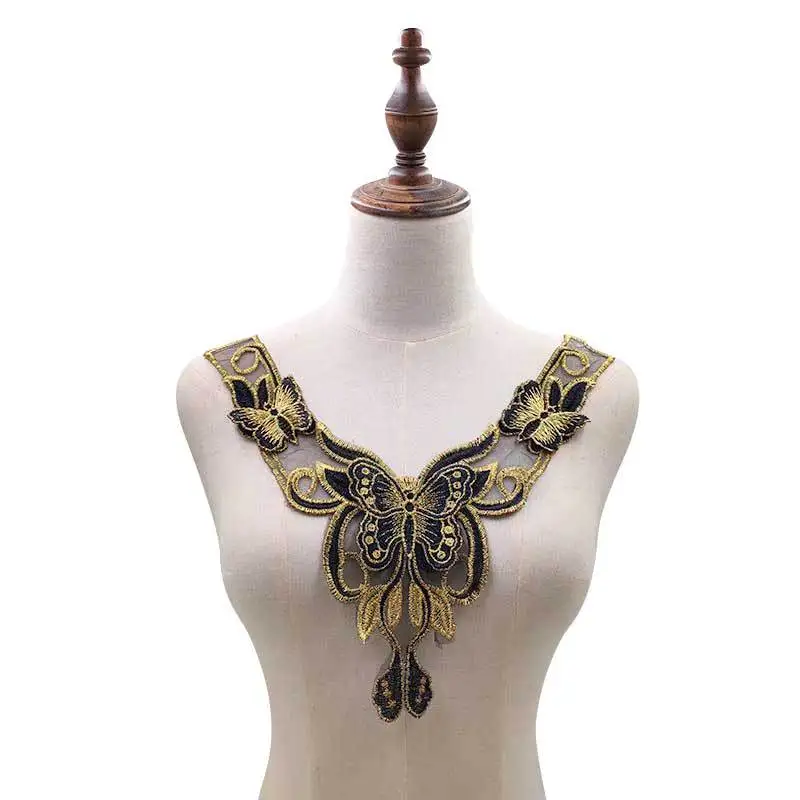 

1 Pc Embroidery Lace Gold Fabric Neckline Collar Trim Craft Ribbon DIY Sewing Collar Guipure Applique Wedding Decor