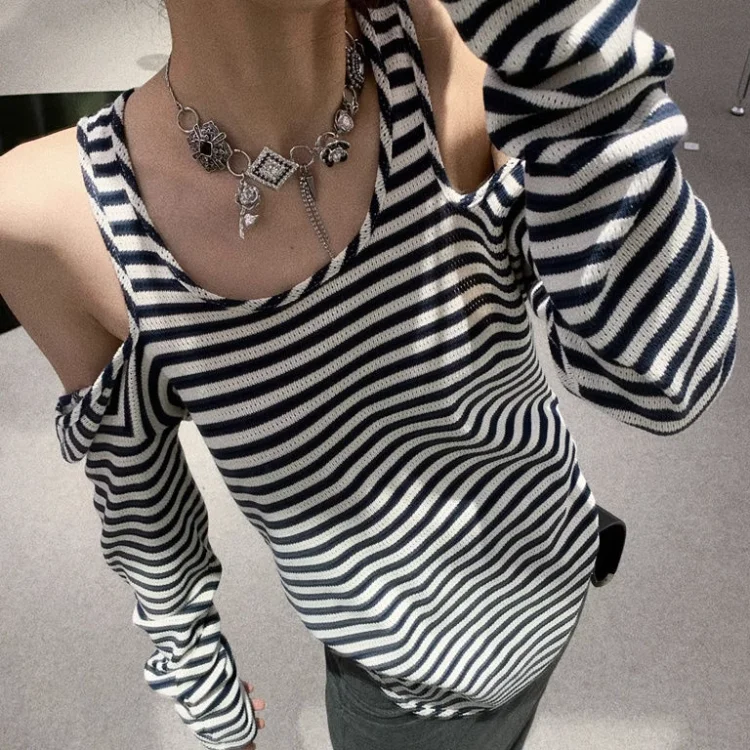 

Korean Chic V-neck Striped Tee Shirt Summer Sexy Off Shoulder Long Sleeve T-shirt Y2k Grunge Mid-length Knitted Tops Women