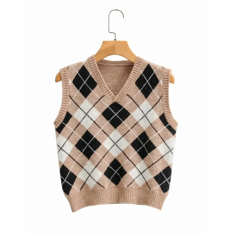 

Brown Vintage Argyle Knitted Sweater Vest Cottagecore V Neck Loose Casual Spring Autumn Sweater Vest 2021 New Fashion Chic Warm