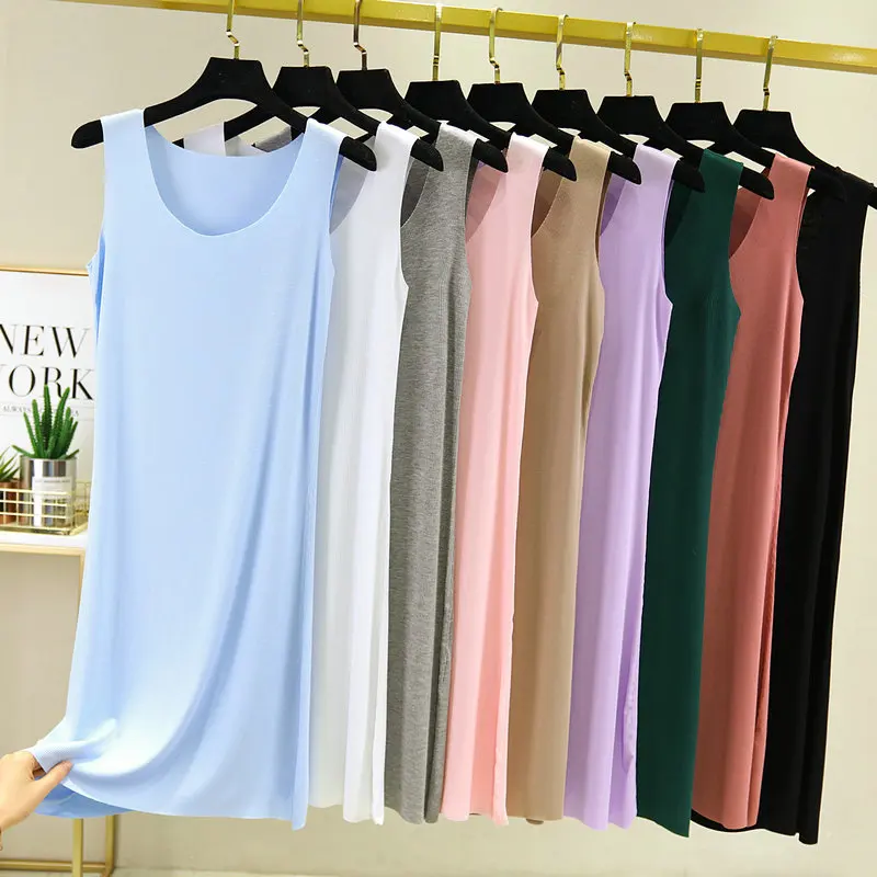 Seamless Sleeveless Full Slips Dresses For Women Summer Plus Size Thin Ice Silk Petticoat Underskirt Sleepwear Nightdress Women