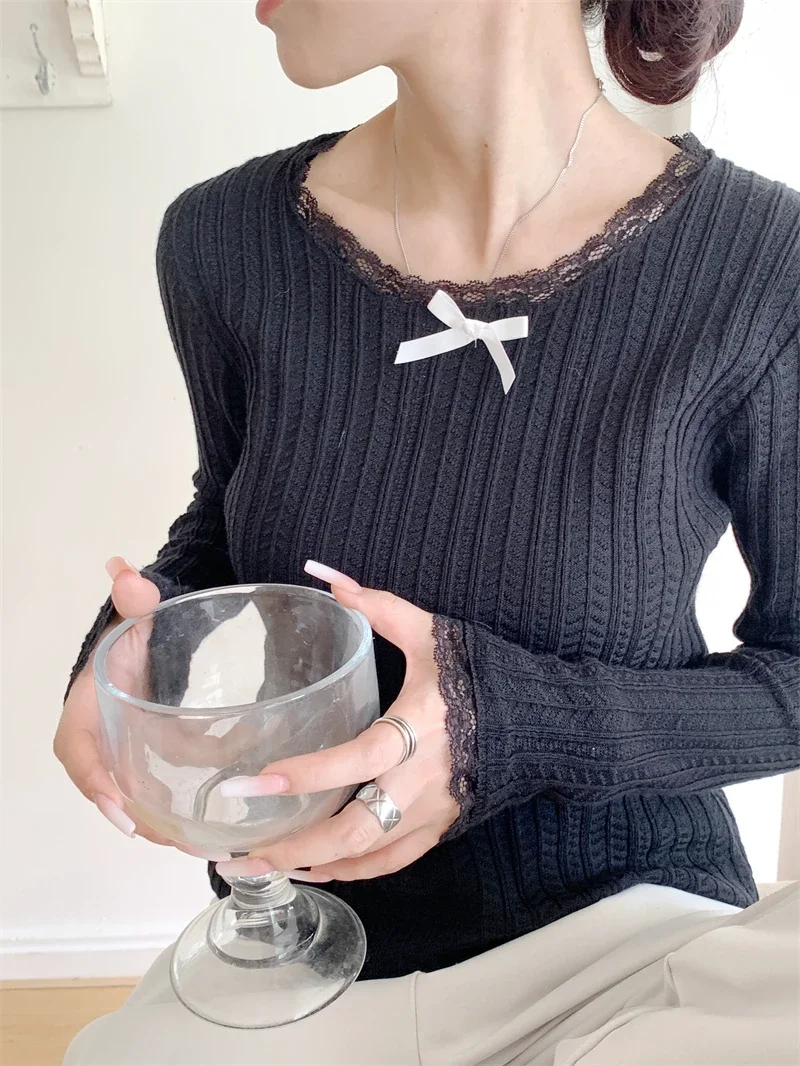 Женский Короткий трикотажный пуловер с кружевом 4 цвета