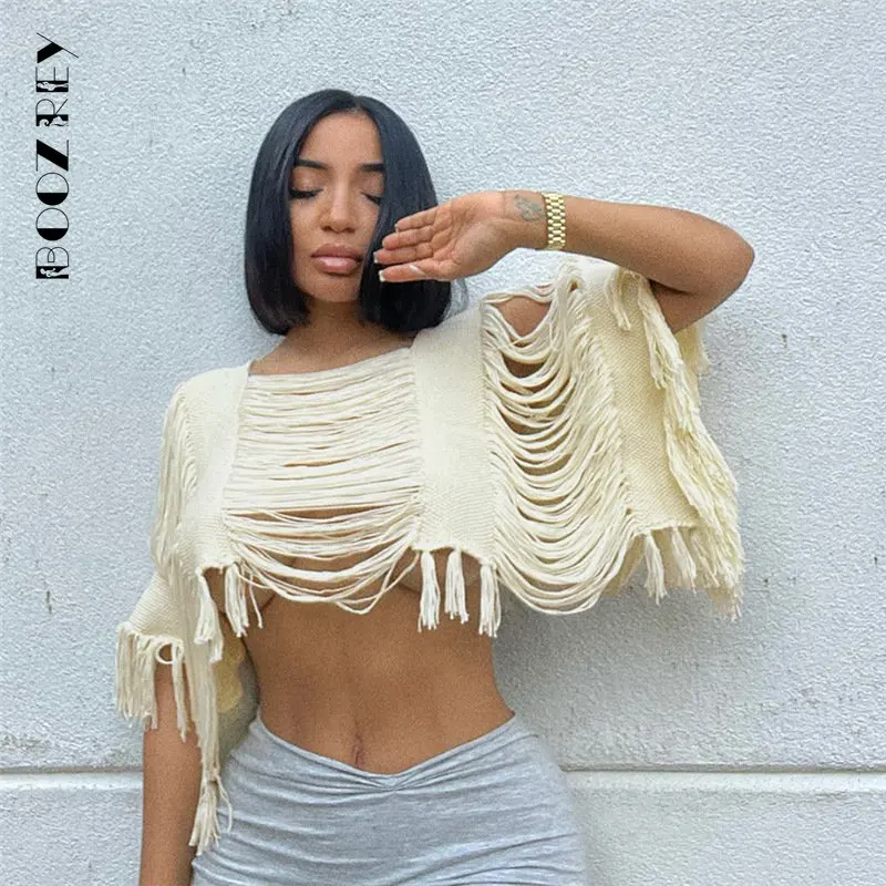 

BoozRey Knitted Hollow Out Solid Sweater Vest Women Casual O Neck Half Sleeve Loose Crop Tops Ladies Trendy Streetwear Clothing