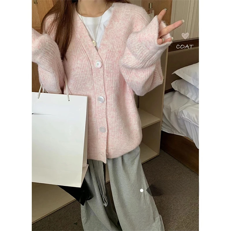 

Korobov V-neck Female Sweater Casual Long-sleeved Pink Knitwears Spring Cardigan Vintage Sweet Y2k Clothes New Korean Fashion