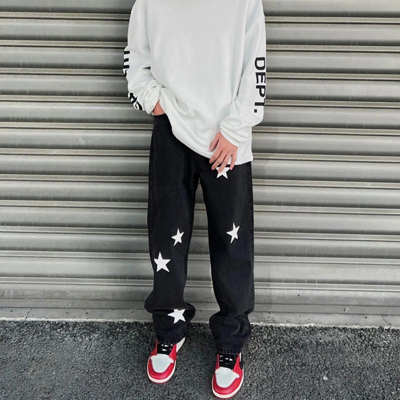 Men's Y2K Clothes Star Printed Jeans Denim Street Jogging Wide Leg Pants Baggy Jeans Streetwear Korean Fashion Clothing for Men