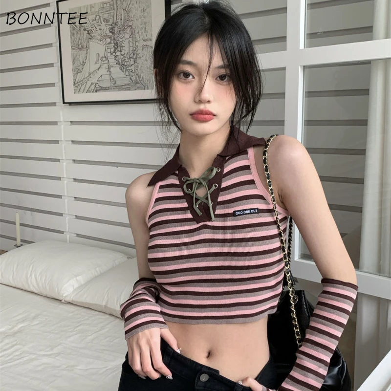 

Майки женские в стиле ретро, модные милые облегающие повседневные укороченные топы в полоску, универсальная уличная одежда в Корейском стиле, лето