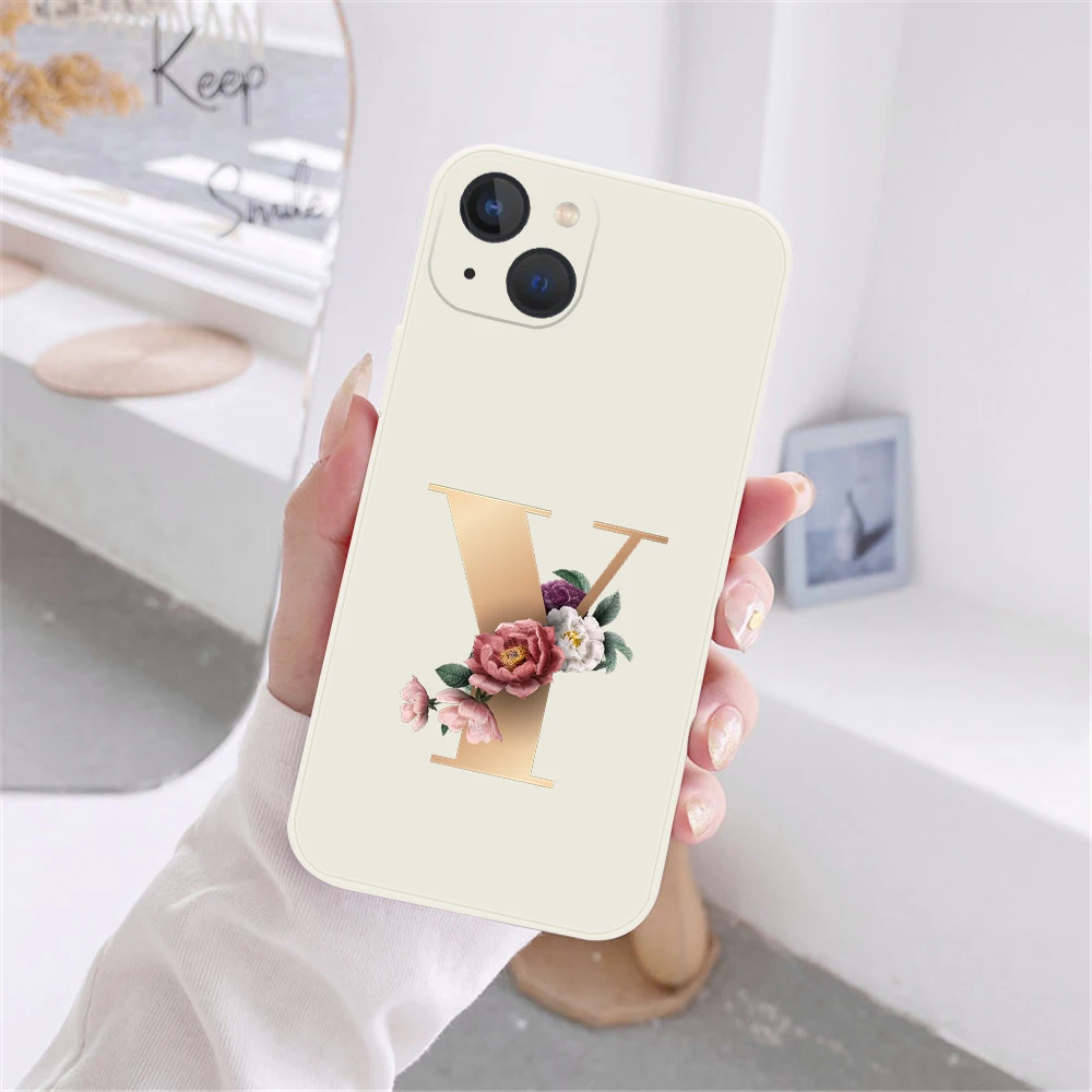 Фото Модный силиконовый чехол для телефона с инициальными буквами для iPhone 12 13 ProMax 12 13 Мини Ретро Золотой цветок античный белый чехол-накладка №5