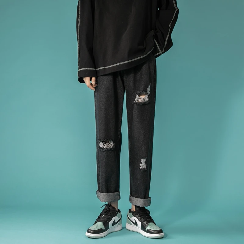 2022 Spring and Summer New Washed Denim Trousers Men's Ripped Fashion Simple Trendy Casual Slim Trousers Men