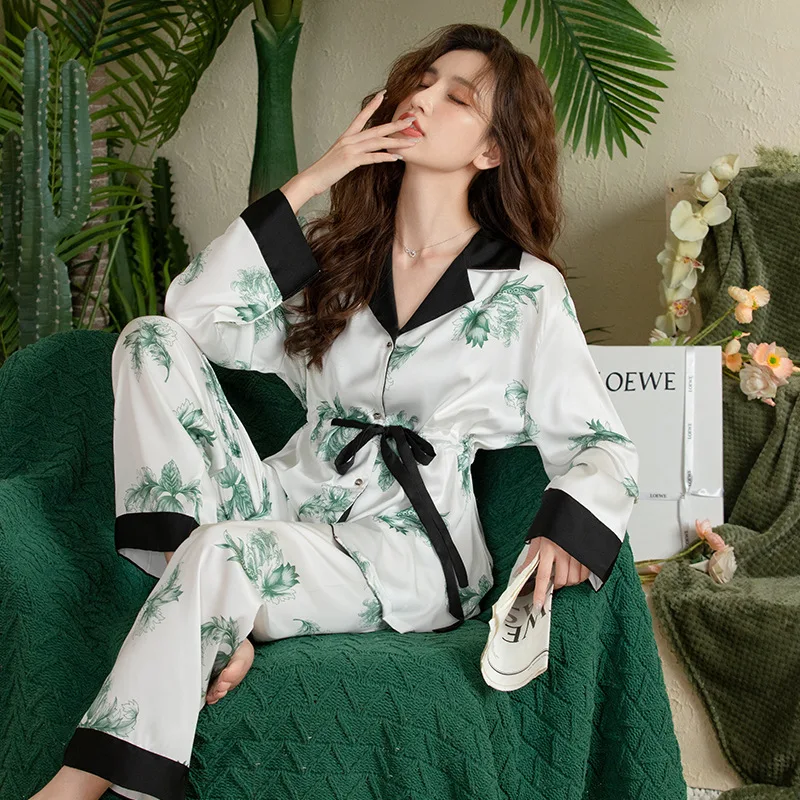 FALLINLAOE 2023 Spring Autumn Ice Silk Pajamas Women's Long Sleeved Cardigan Tie Up Pajamas Set Premium Sense Sleepwear